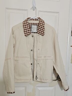 Bagatelle Cream Canvas Utility Jacket with Brown Gingham Collar